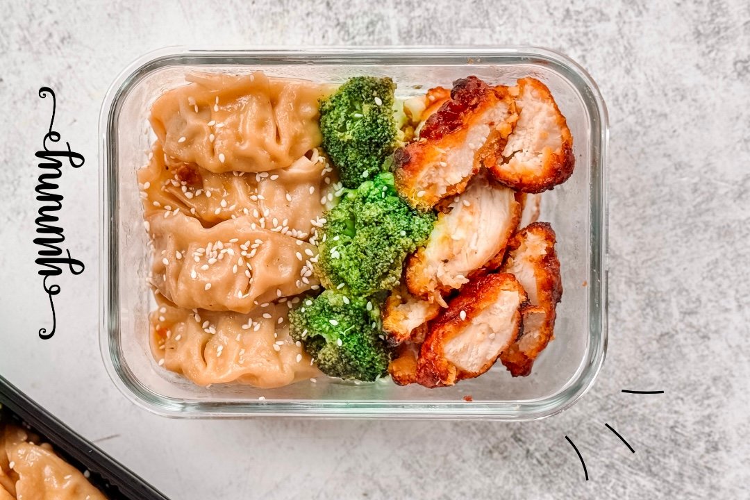 Lunch Box Series: Air-Fried BBQ Chicken, Steamed Broccoli, and Potstickers