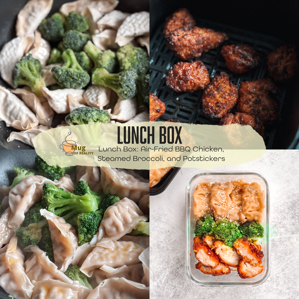 Lunch Box Series: Air-Fried BBQ Chicken, Steamed Broccoli, and Potstickers