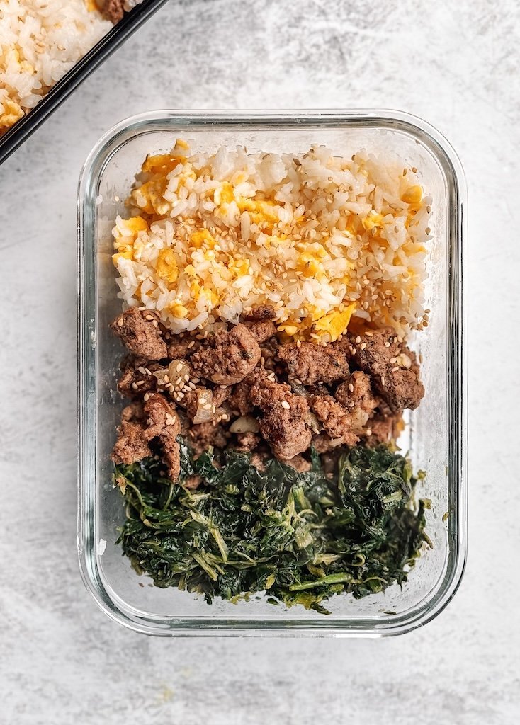 Lamb with Egg Fried Rice & Spinach Lunch Box Recipe