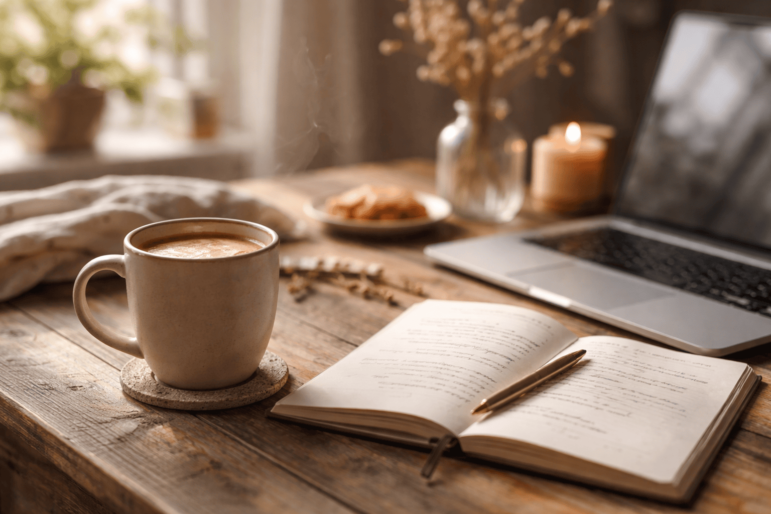 A cozy, aesthetic scene with a warm mug of coffee on a wooden table, soft natural window light, laptop slightly open, notebook with handwritten notes, neutral tones, soft shadows, minimal styling, inviting and calm mood, lifestyle photography style, high resolution